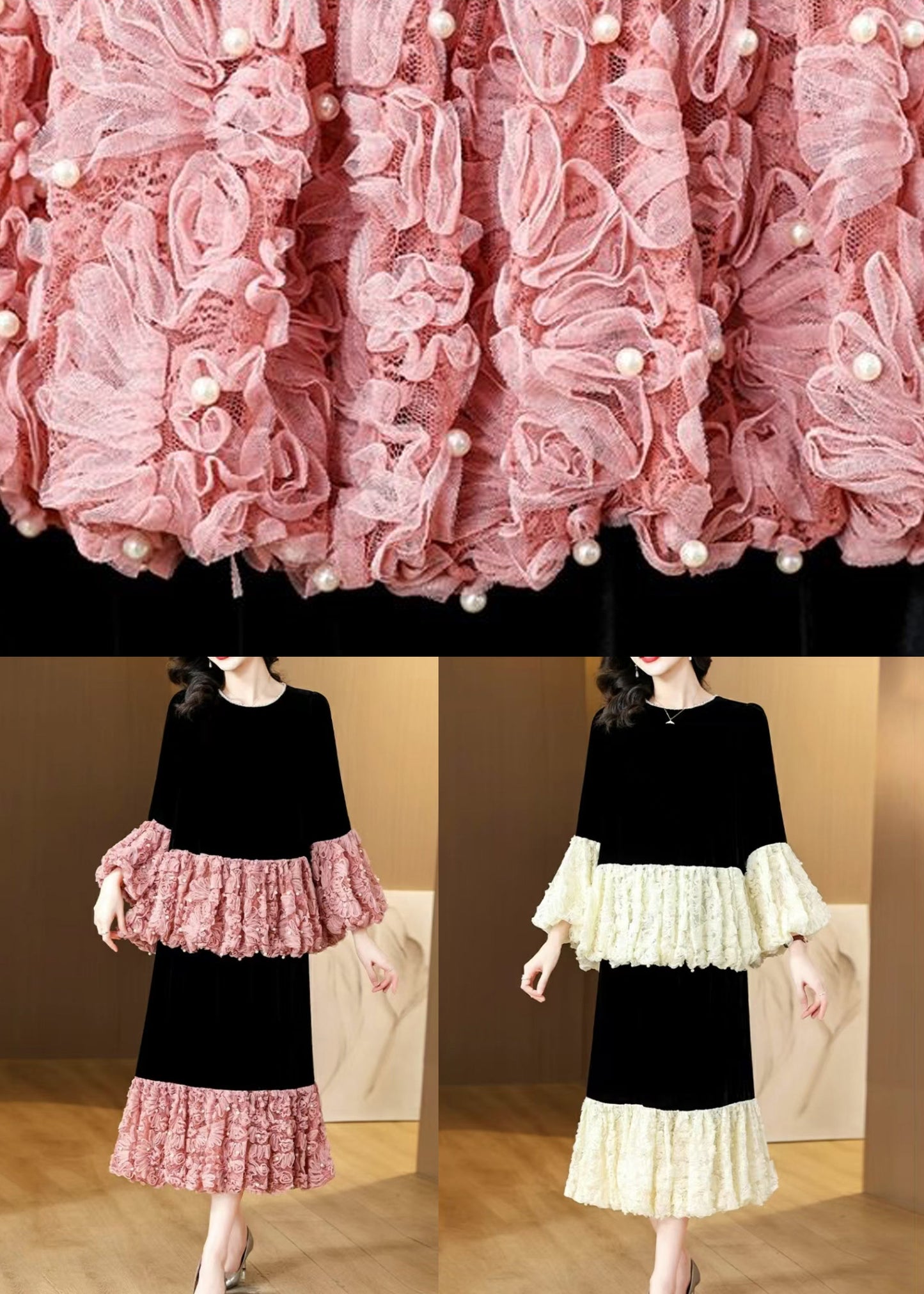 White Lace Patchwork Tops and Skirts Two-piece Set Pearl Spring