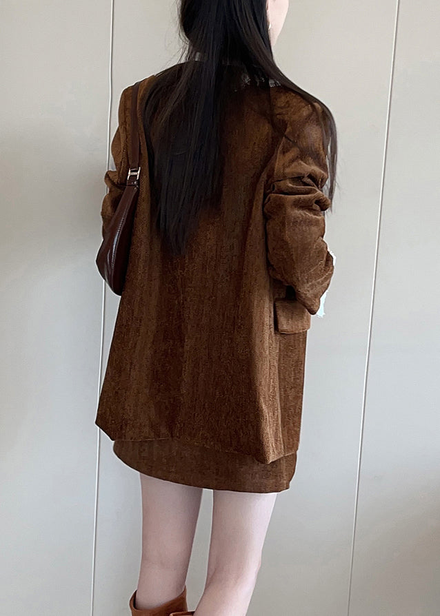 Brown Button Lace Patchwork Silk Velvet Coats Fall