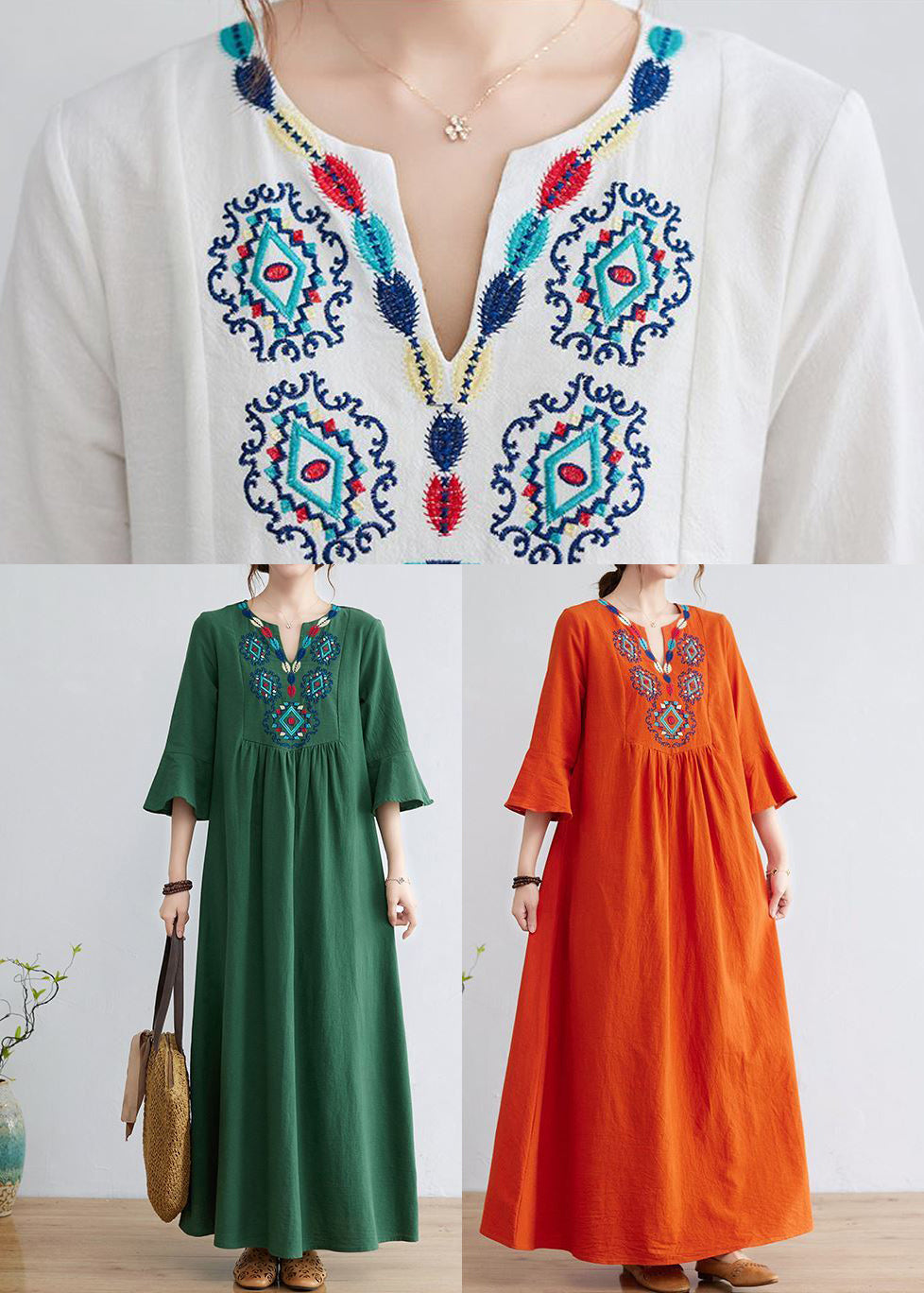 White V Neck Embroideried Cotton a Line Dress Bracelet Sleeve