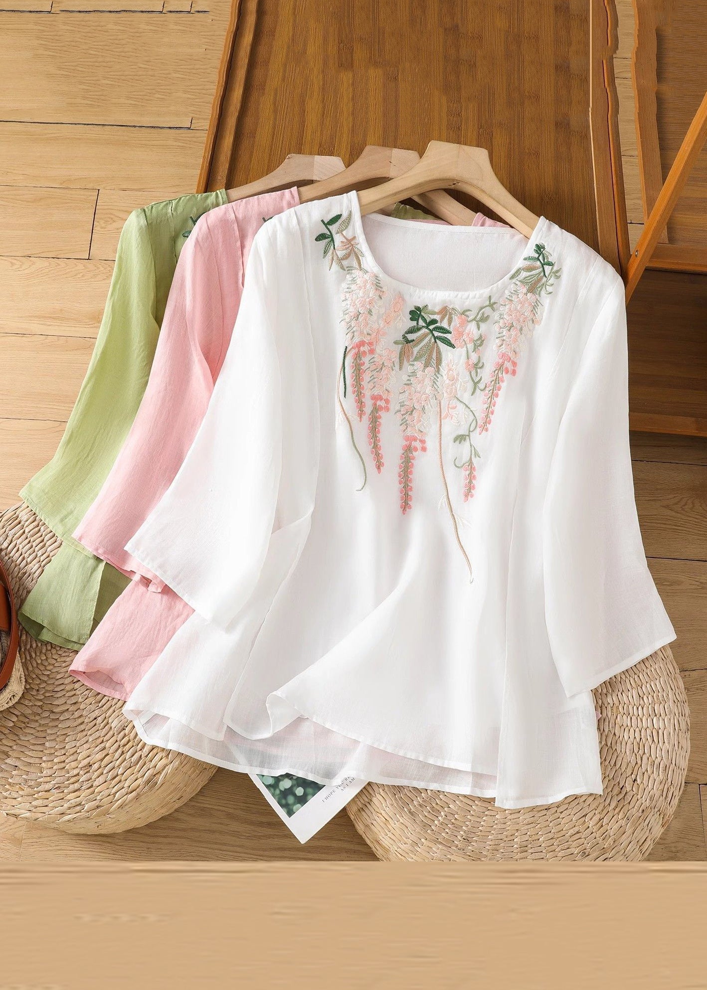 Loose Pink Embroidered Linen T Shirt Bracelet Sleeve