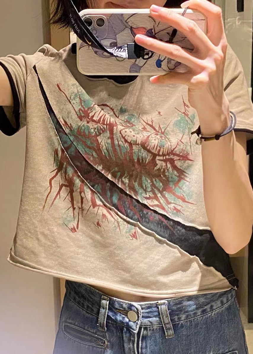 Grey O Neck Print Patchwork Cotton T Shirts Summer