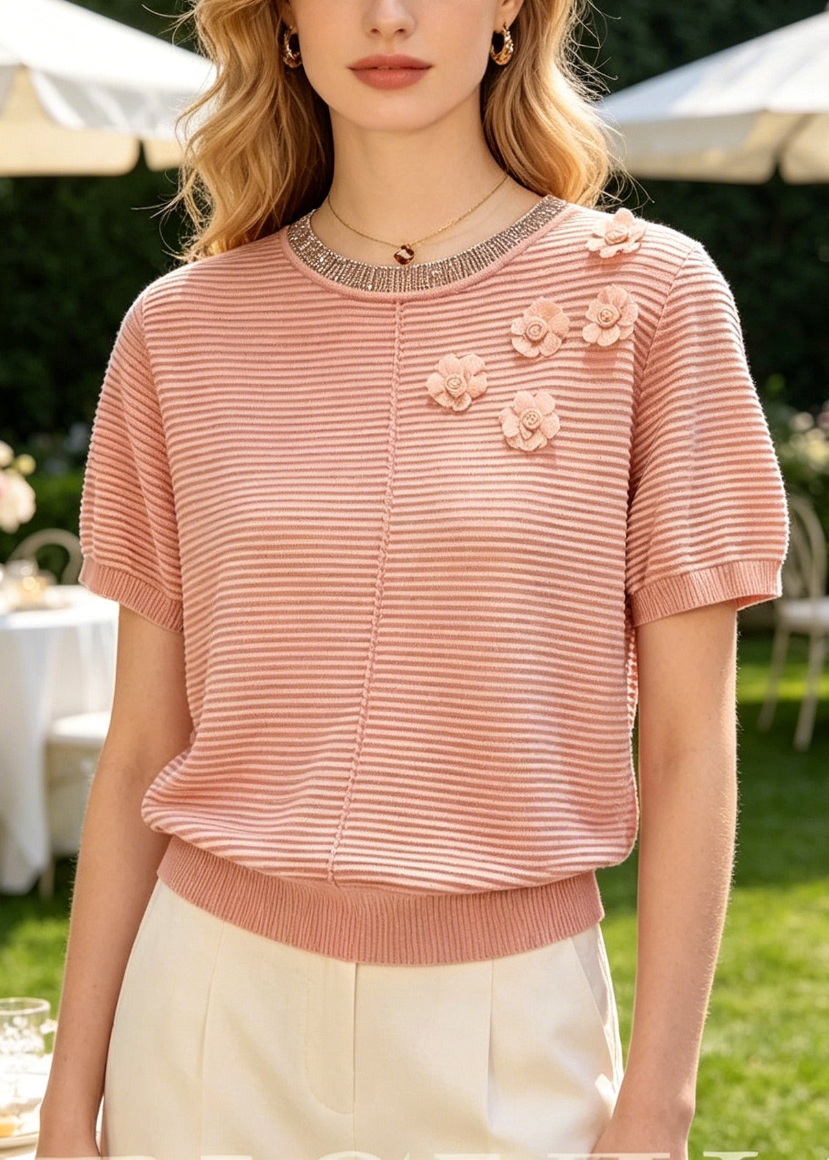 Fine Brick Red Striped Flower Knit Shirts Summer