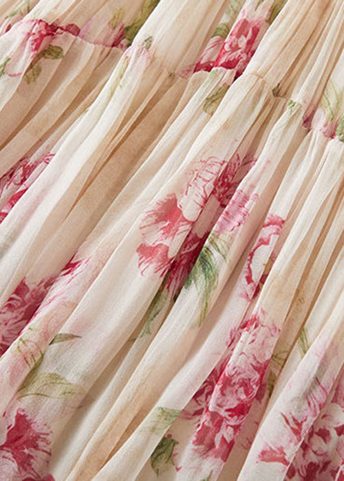 Apricot V Neck Print Wrinkled Chiffon Two Pieces Set Spring