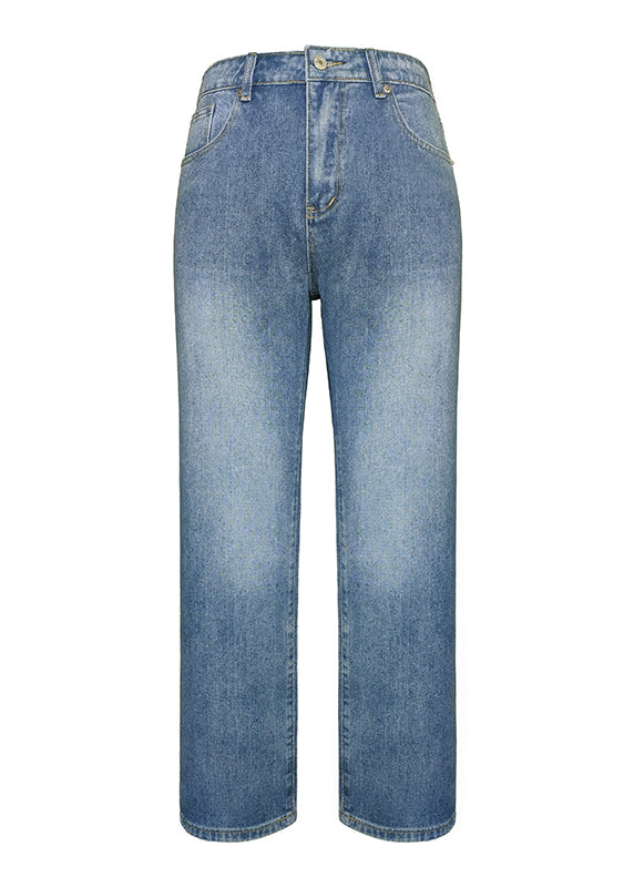 European and American Style Blue Pockets Denim Straight Pants Spring
