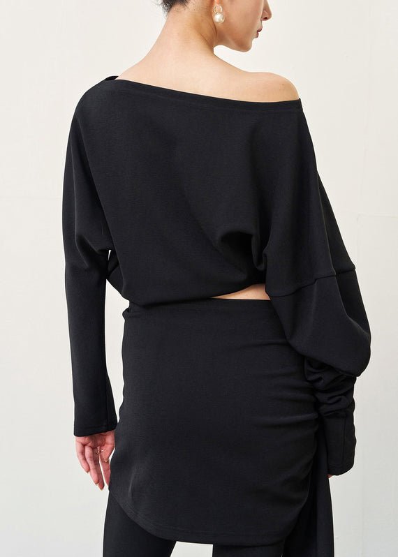 New Black Cold Shoulder T Shirt and Flared Trousers Cotton Two Pieces Set Batwing Sleeve