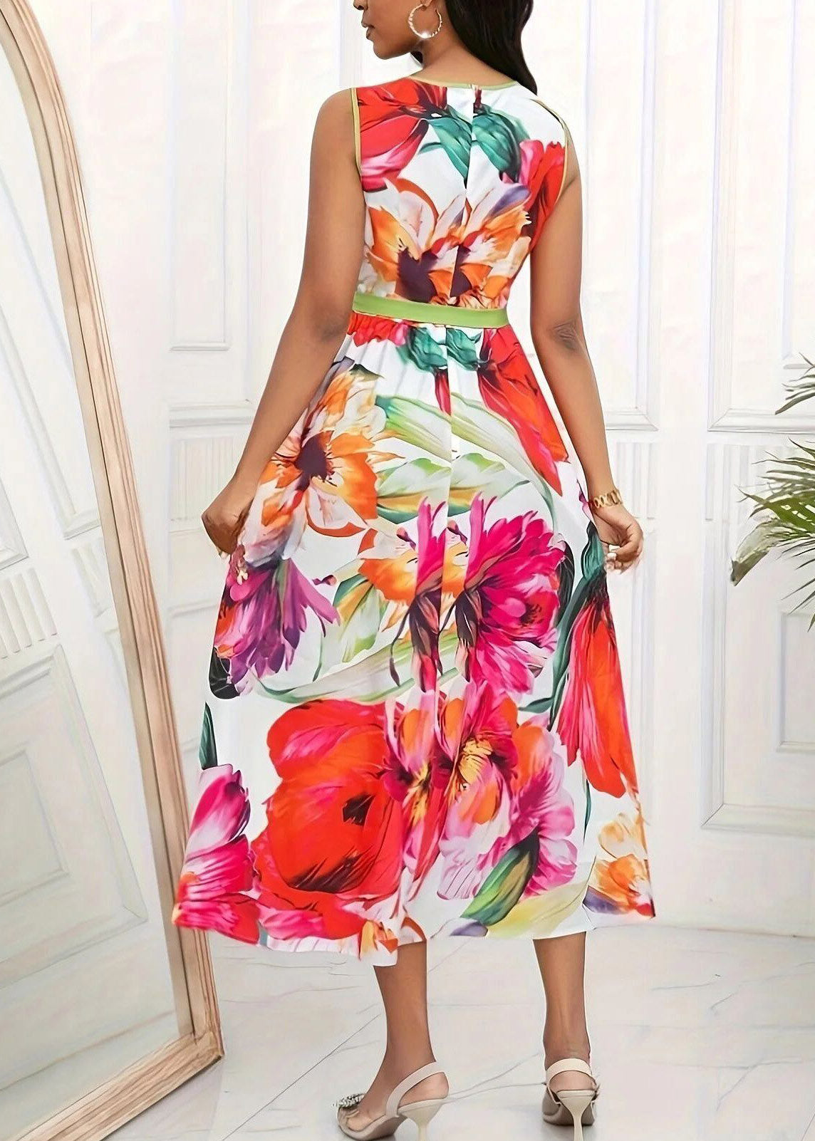Red O-neck Print Tie Waist Maxi Dress Sleeveless Summer