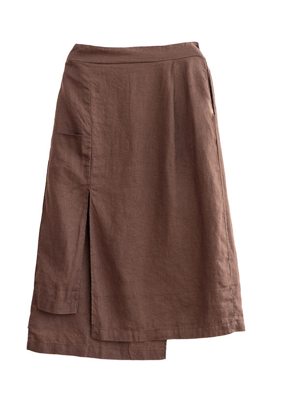 Chocolate Asymmetrical Pockets Linen Skirts Spring