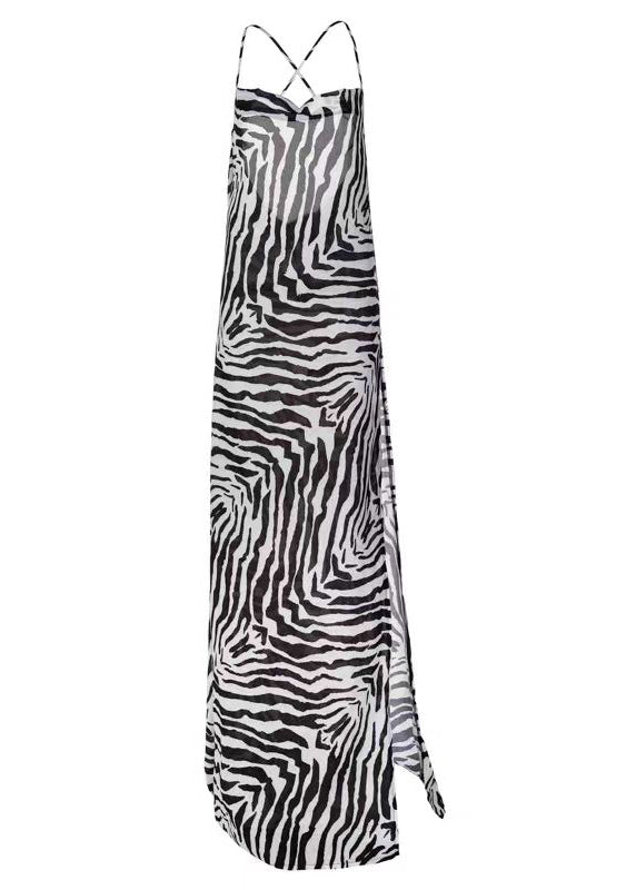 French Striped Print Side Open Cotton Spaghetti Strap Dress Sleeveless