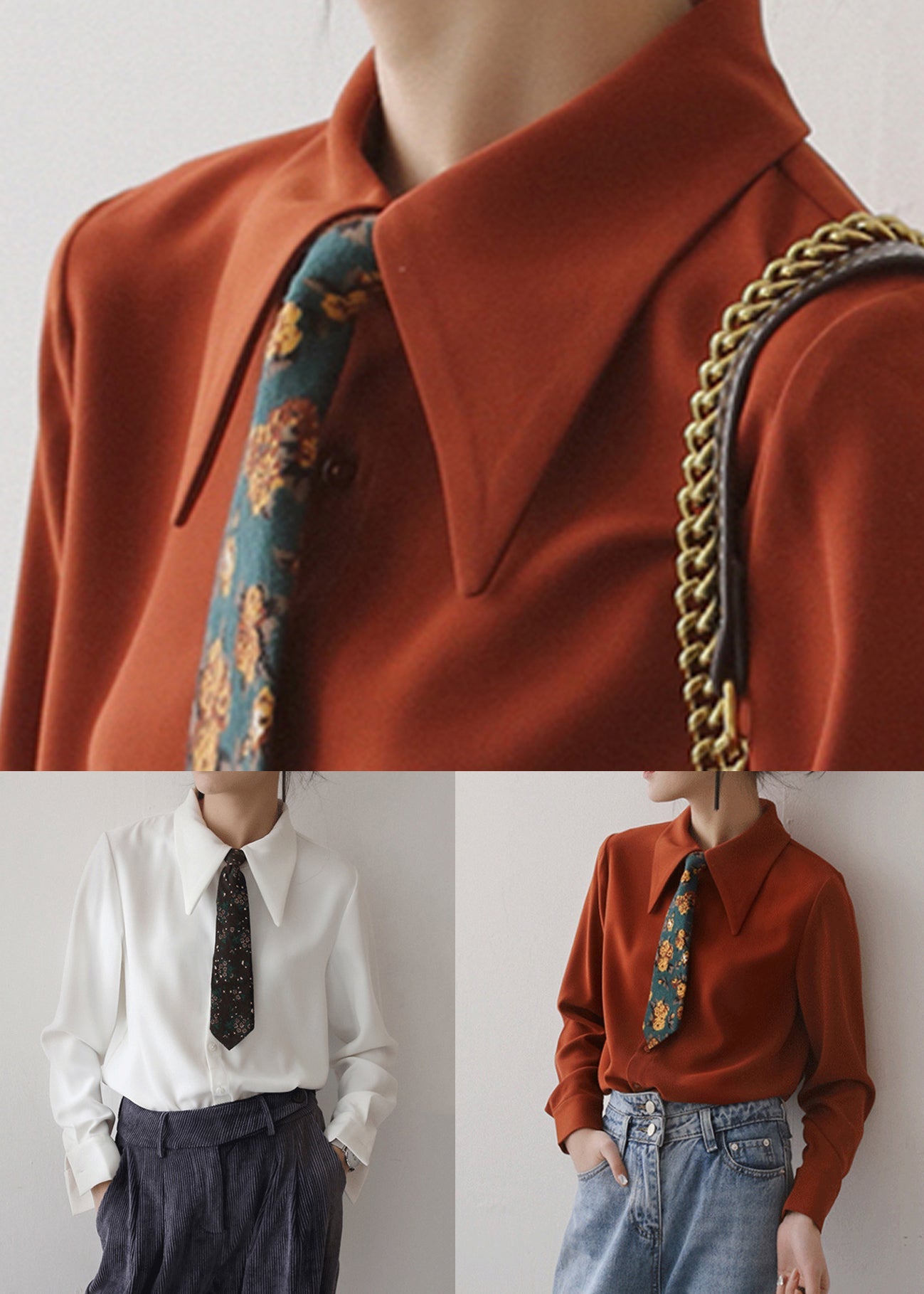 Italian Rust Button Chiffon Blouses Long Sleeve