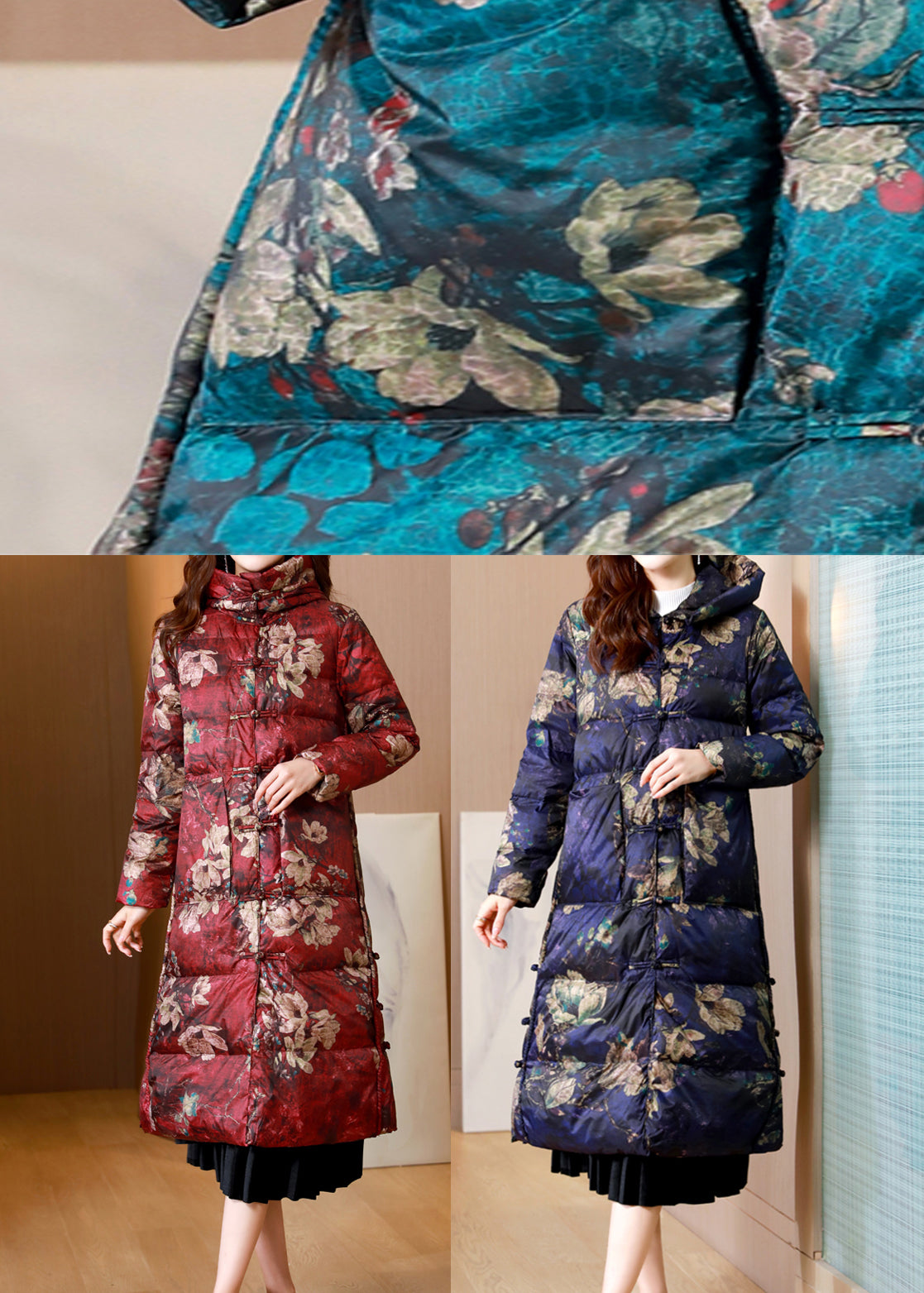 Green Print Pockets Chinese Button Cotton Blend Puffers Coat Winter