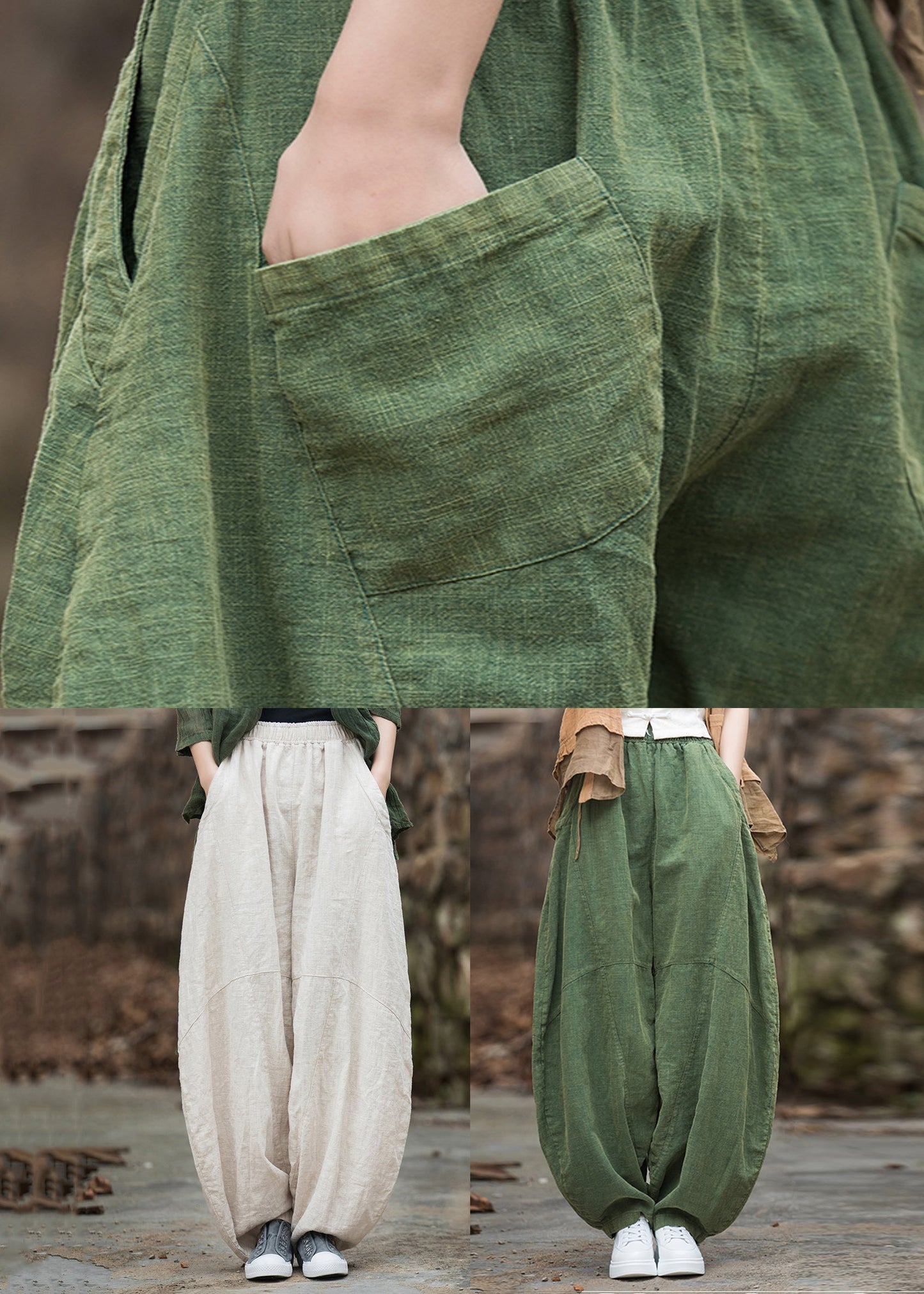 Green Pockets Elastic Waist Patchwork Linen Pants Fall