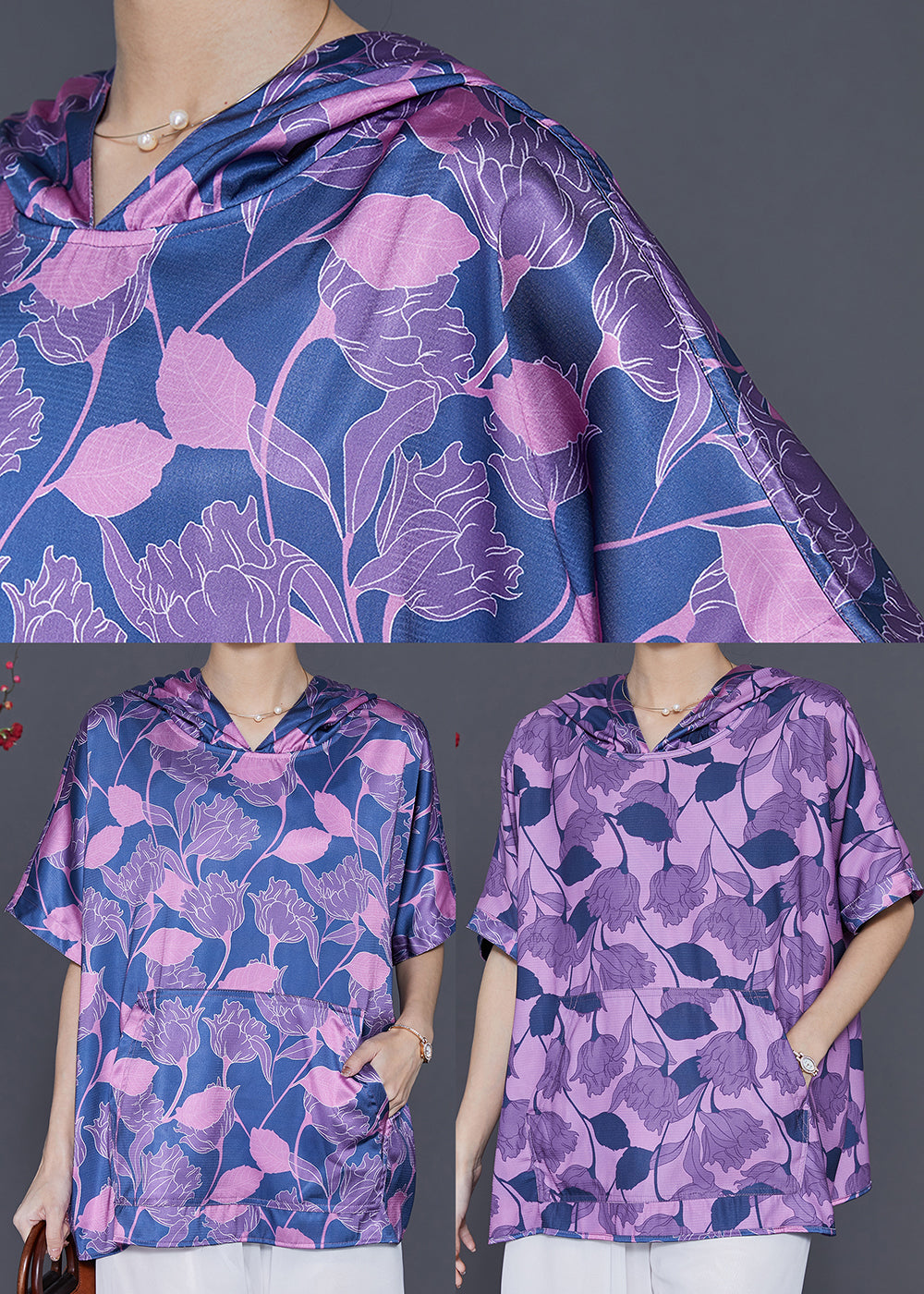 Purple Print Silk Sweatshirts Top Hooded Summer