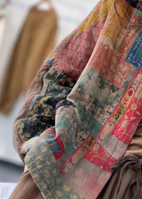 Colorblock V Neck Patchwork Print Cotton Coat Outwear Winter
