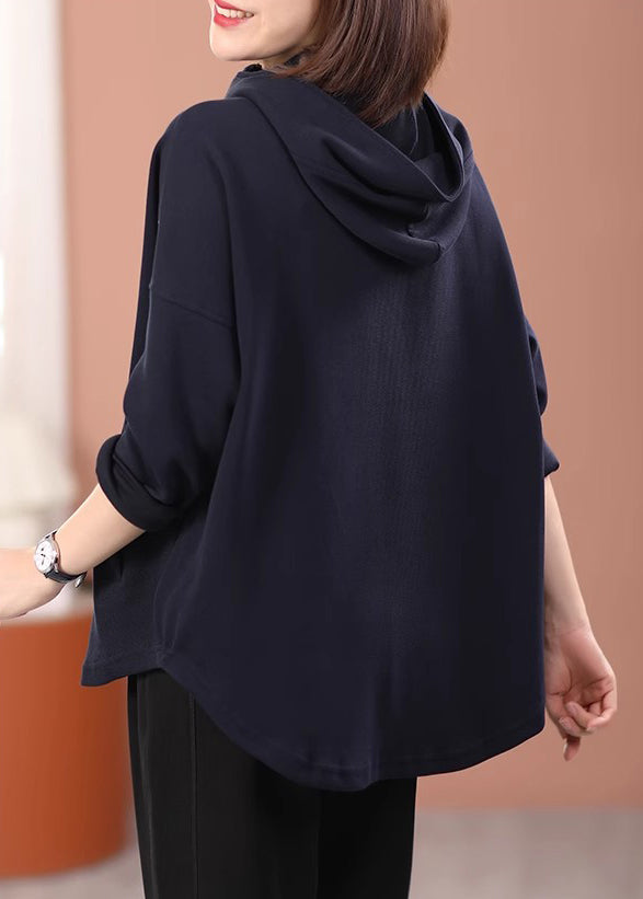 Black Hooded Cotton Pullover Sweatshirt Fall