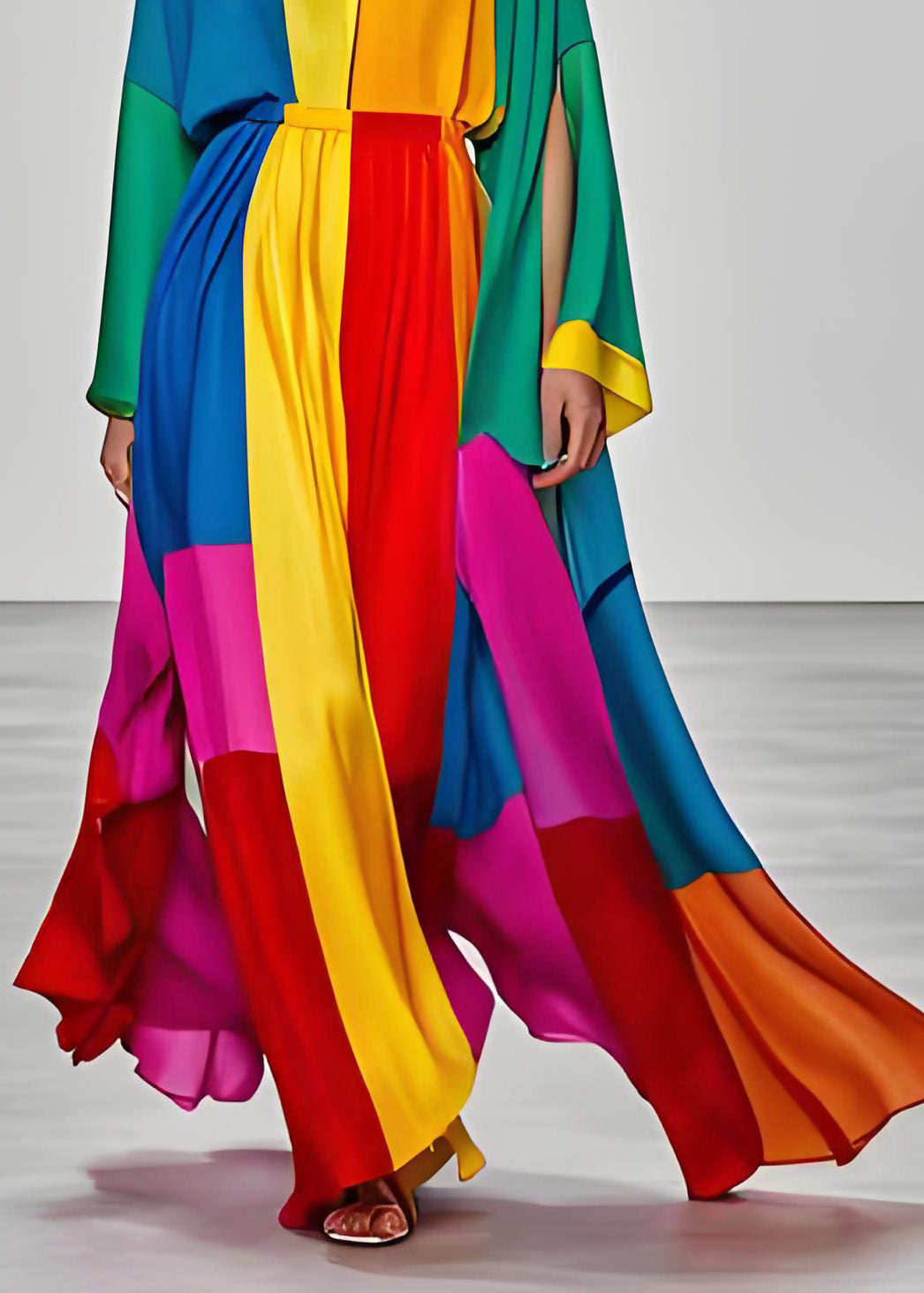 Colorblock V Neck Silk Dress Long Sleeve