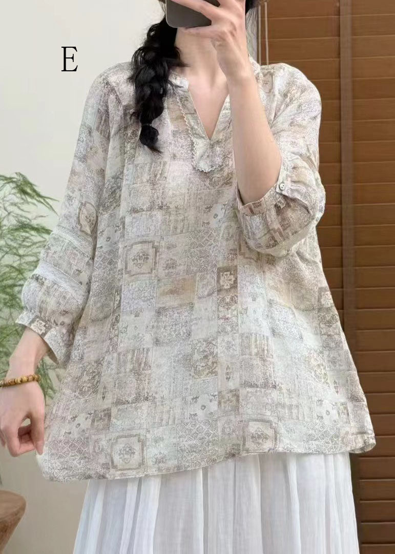 V Neck Print Linen Top Bracelet Sleeve