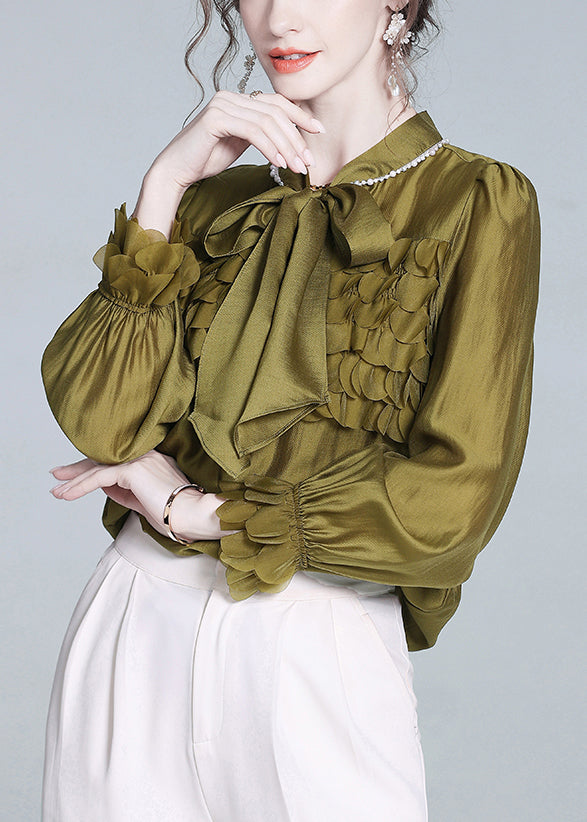 Mustard Green Bow Silk Shirt Petal Sleeve