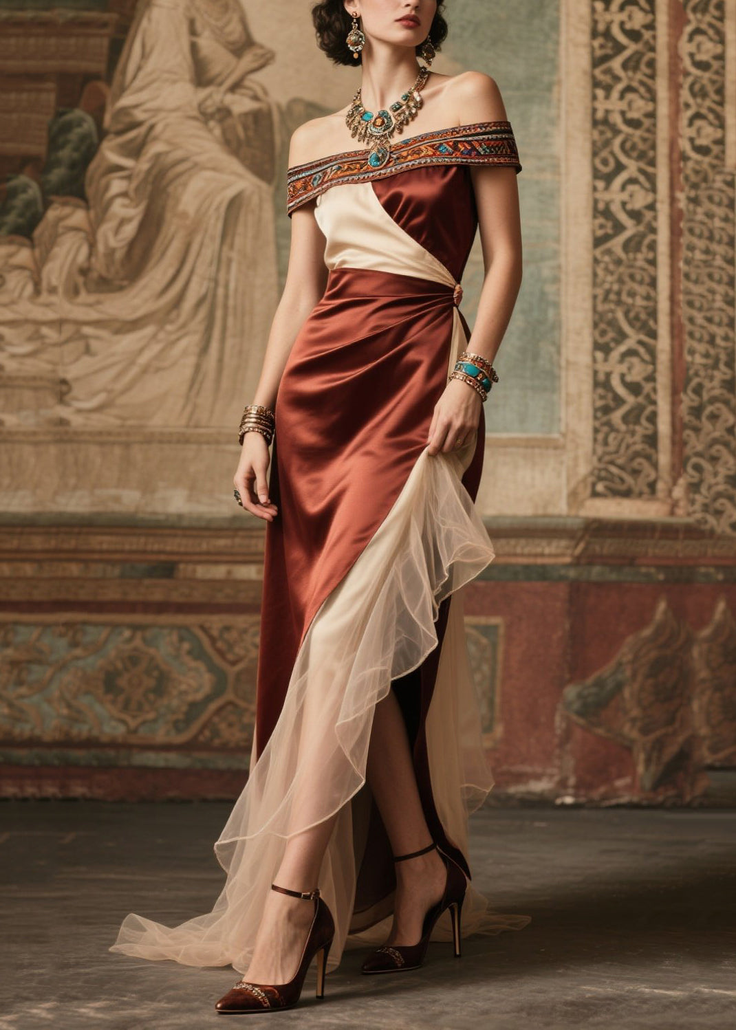 Chocolate Cold Shoulder Patchwork Silk Dinner Dress Summer