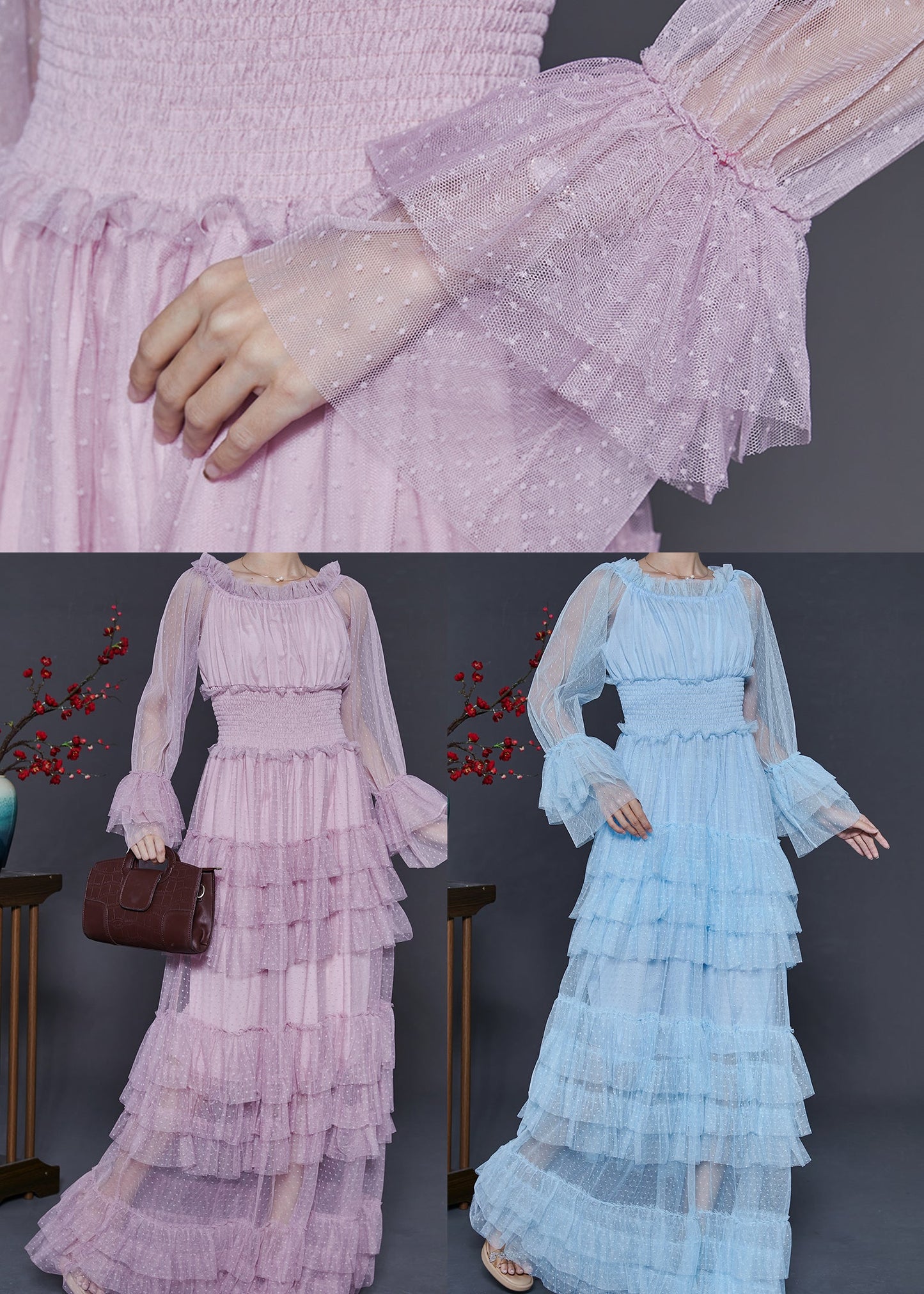 Blue Elastic Waist Patchwork Tulle Party Dress Fall