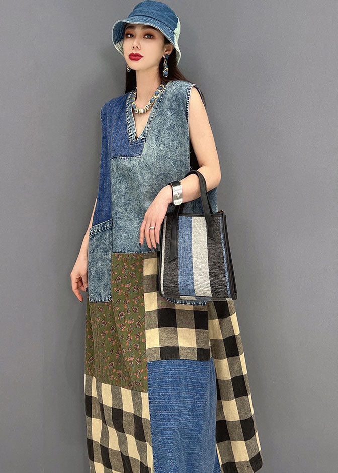 Blue V Neck Pockets Patchwork Plaid Cotton Denim Long Dresses Sleeveless
