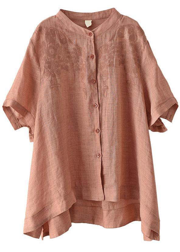 Orange Summer Side Open Stand Collar Ramie Loose Short Sleeve