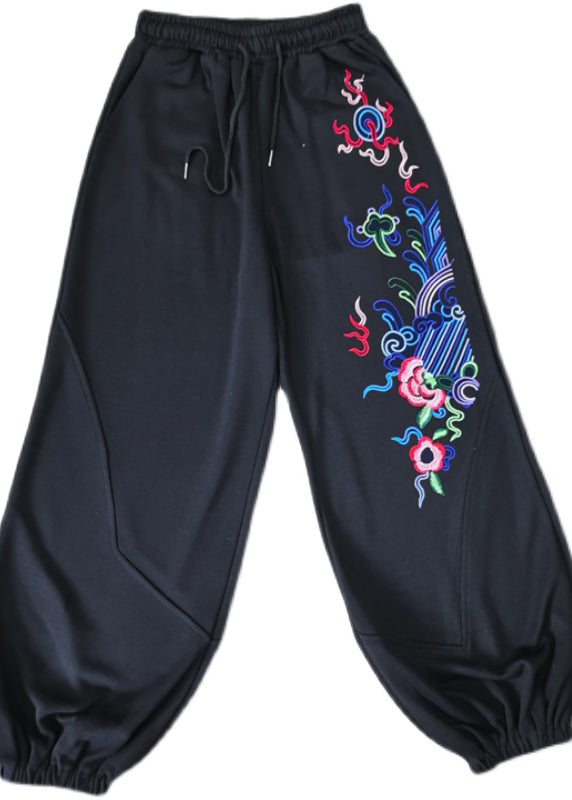 Black Embroideried Pockets Elastic Waist Pants Fall