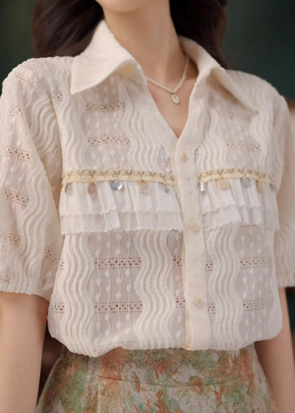 Art Beige Sequins Hollow Out Lace Cotton Blouses Summer