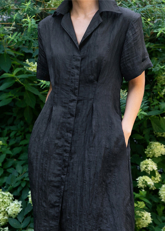 Diy Black Peter Pan Collar Button Tie Waist Shirts Dress Short Sleeve