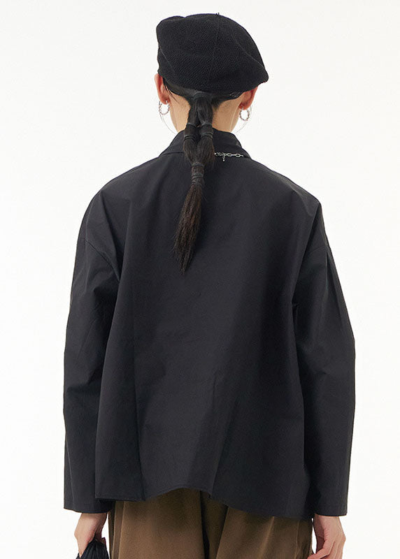 Black Peter Pan Collar Geometric Patchwork Cotton Blouses Spring