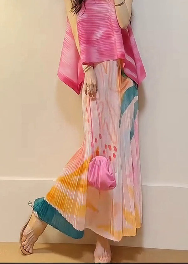 Stylish Pink Gradient Print Tops and Skirts 2 Piece Outfit Summer
