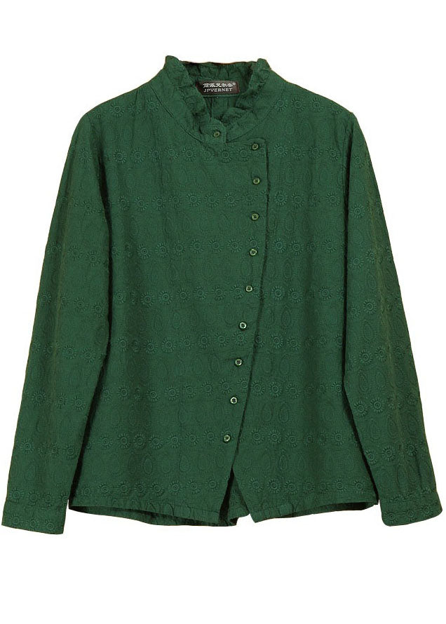 Natural Green Ruffled Jacquard Button Tops Long Sleeve
