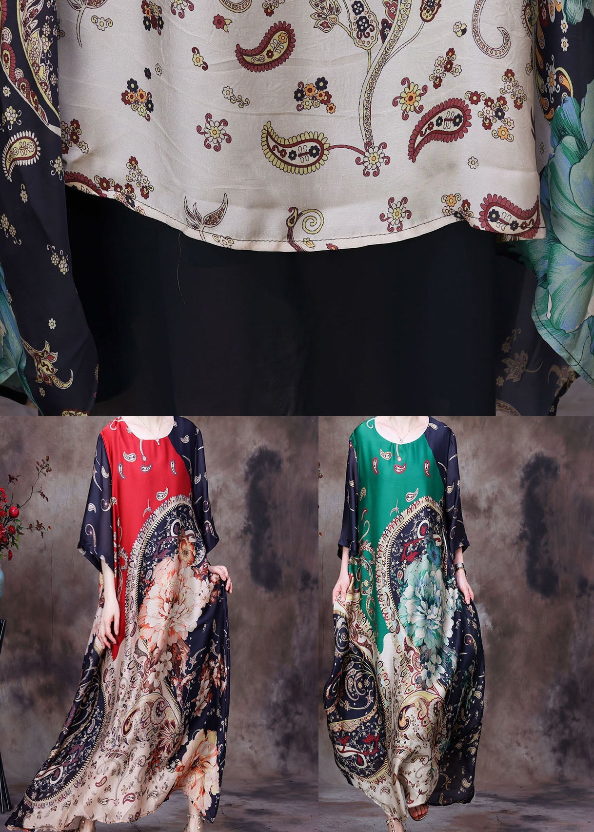 Red O-neck Asymmetrical Print Silk Holiday Dress Half Sleeve
