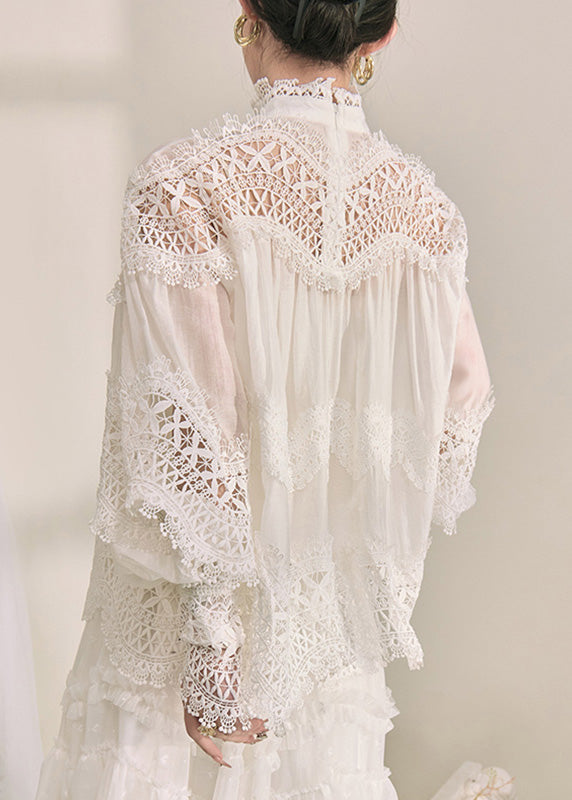 White Turtleneck Hollow Out Lace Top Fall