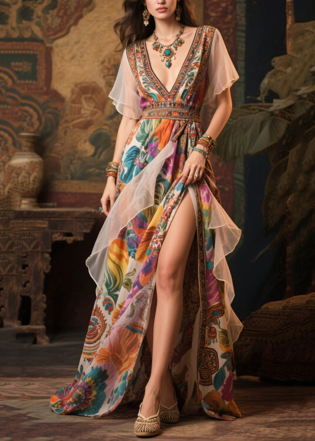 Khaki Print Patchwork Side Open Chiffon Evening Dress Summer