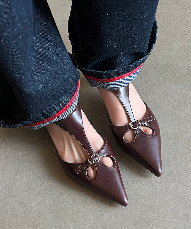 Splicing Chunky Hollow Out Sandals Brown Cowhide Leather
