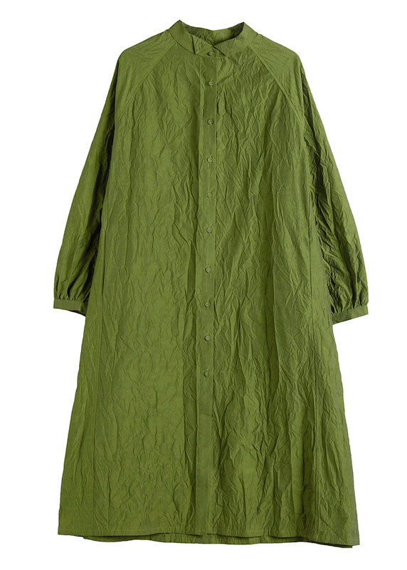 Green Wrinkled Button Cotton Long Dress Spring