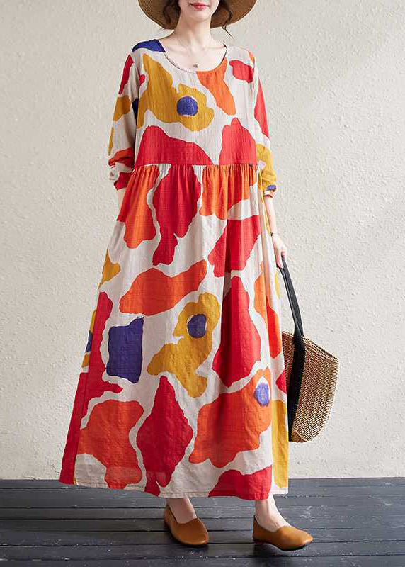 Loose Red O-neck Print Wrinkled Long Dresses Long Sleeve