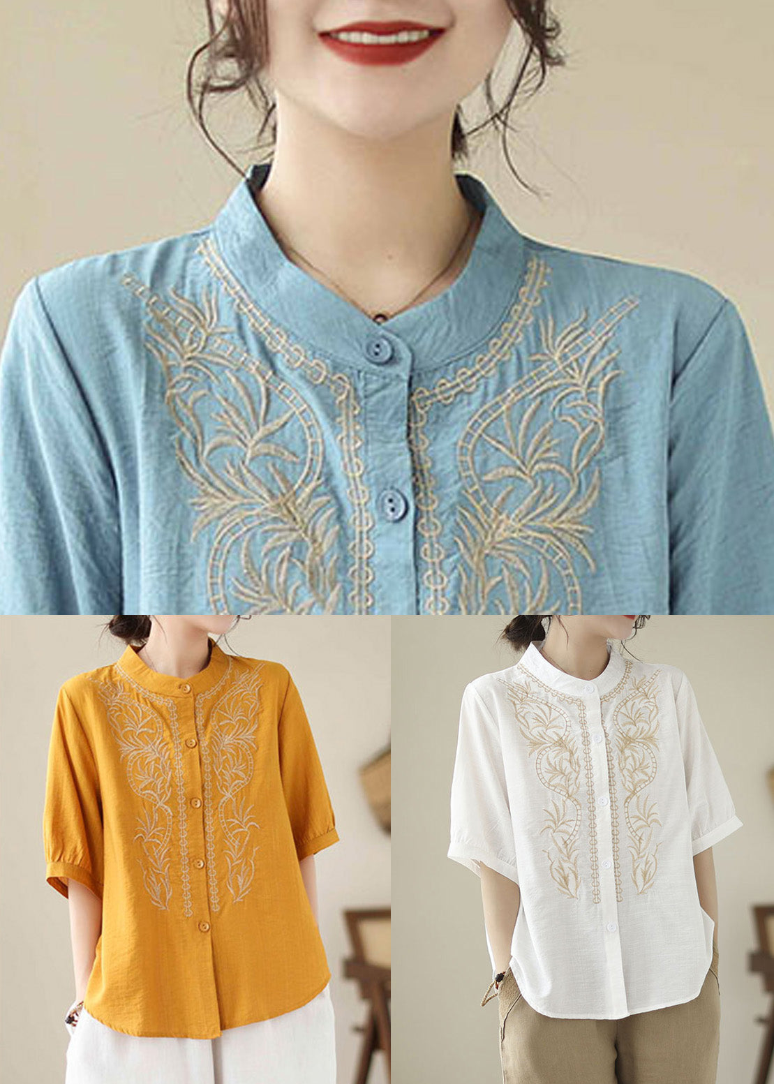 Yellow Embroideried Button Cotton T Shirt Short Sleeve