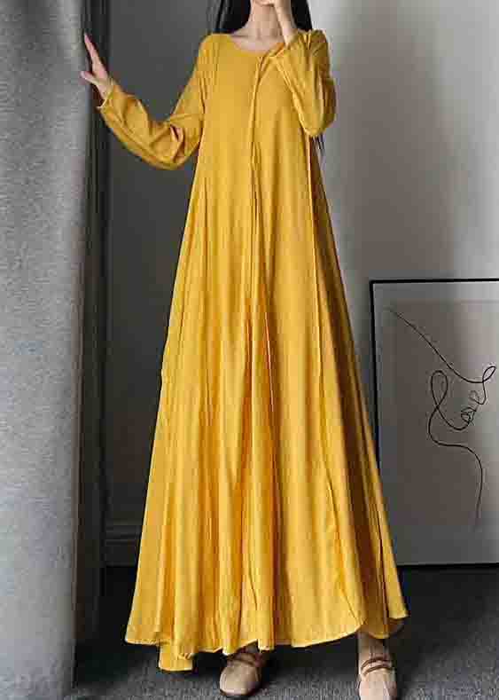 New Yellow O Neck Wrinkled Patchwork Cotton Exra Large Hem Dress Fall