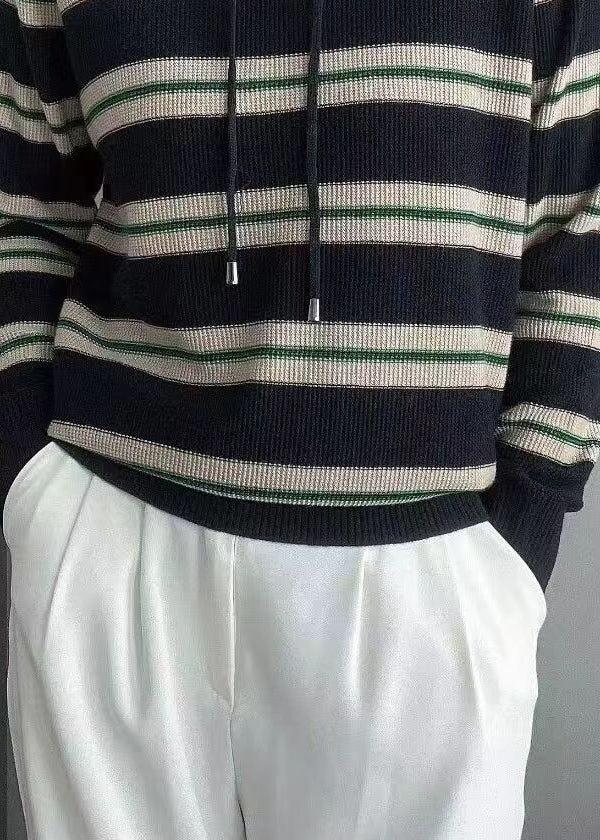 Navy Striped Hooded Patchwork Wool Knit Tops Fall