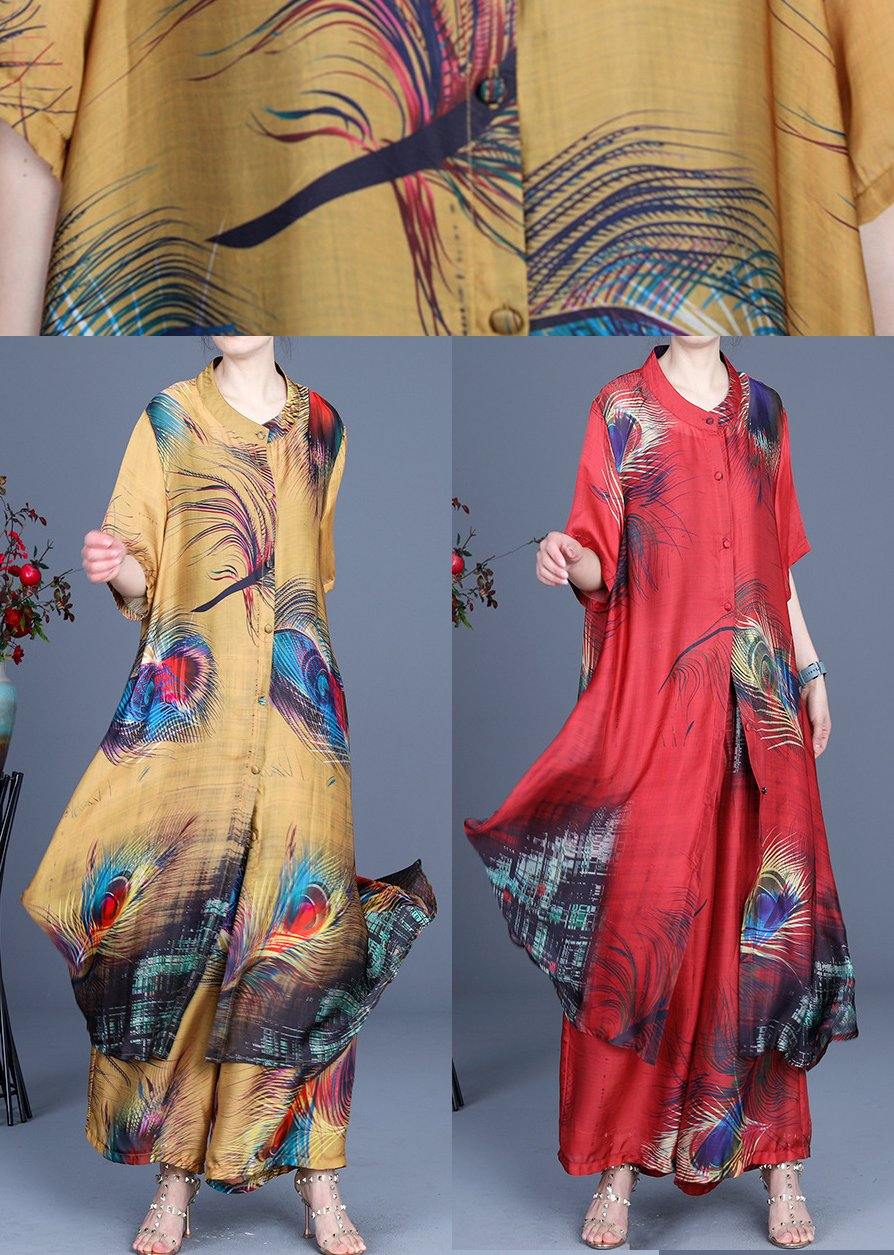 Summer Loose Silk Red Print Coat + Two Piece Pants