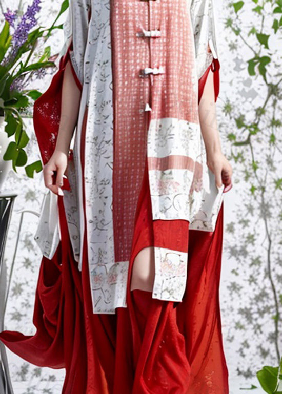 Red Stand Collar Oriental Button Silk Dresses Summer