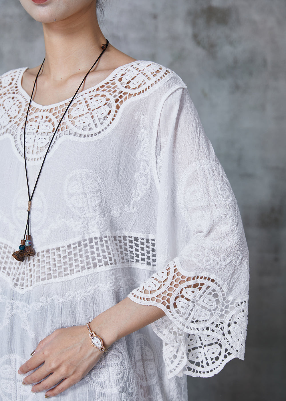 White Oversized Patchwork Lace Cotton Blouses Flare Sleeve