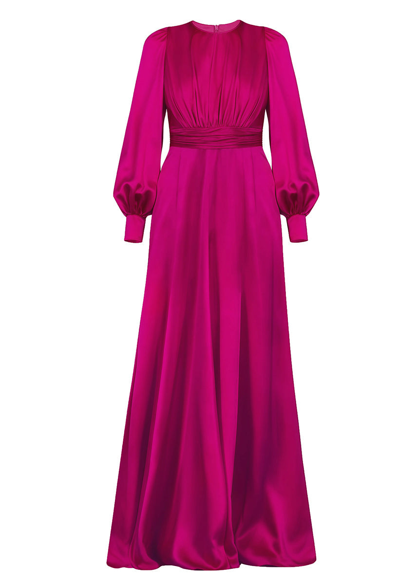 Rose O Neck Wrinkled Silk Dress Lantern Sleeve