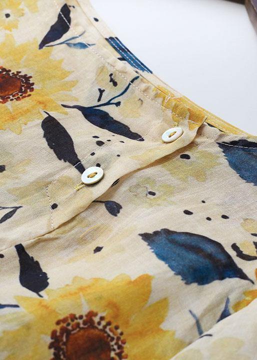 Italian Yellow Print Ramie Tie Waist Ankle Dress Fall