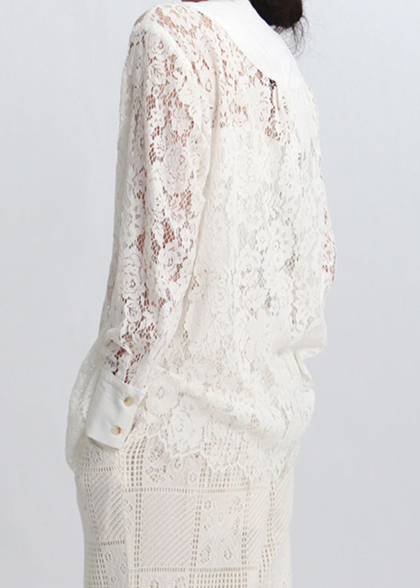 White Button Hollow Out Lace Blouses Spring