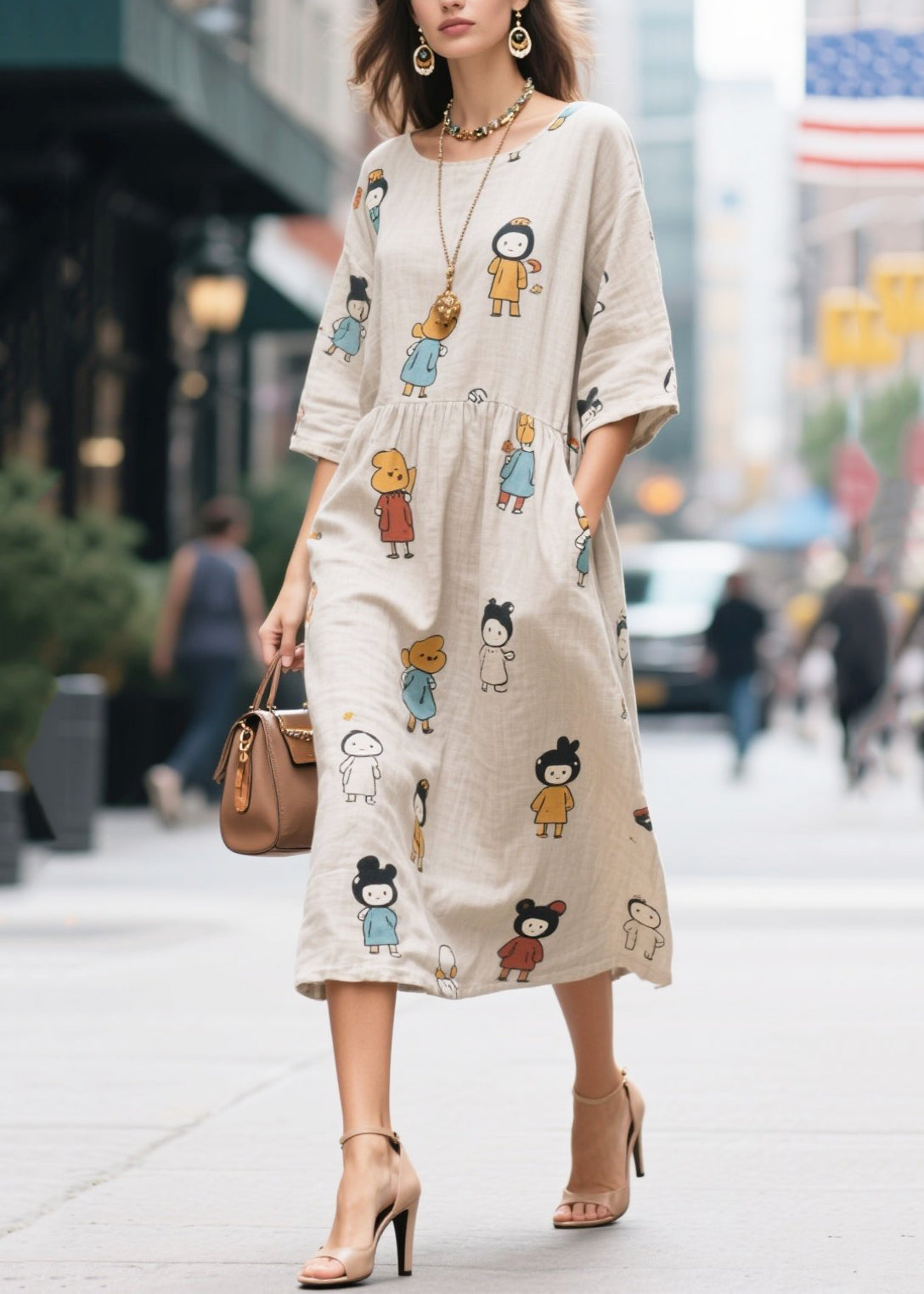 Beige Character Print Cotton Long Dress Half Sleeve