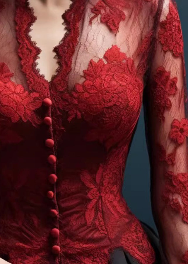 Original Design Red V Neck Slim Fit Lace Top Fall