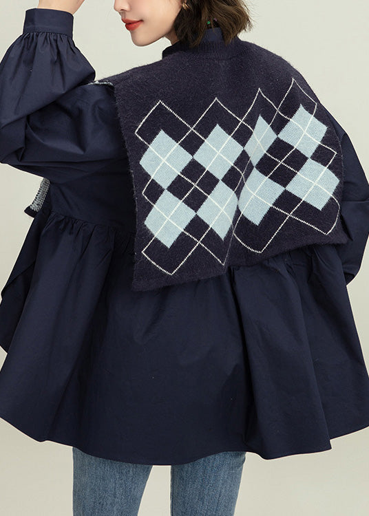 Blue Stand Collar Print Cotton Shirt and Waistcoat Two Piece Set Spring