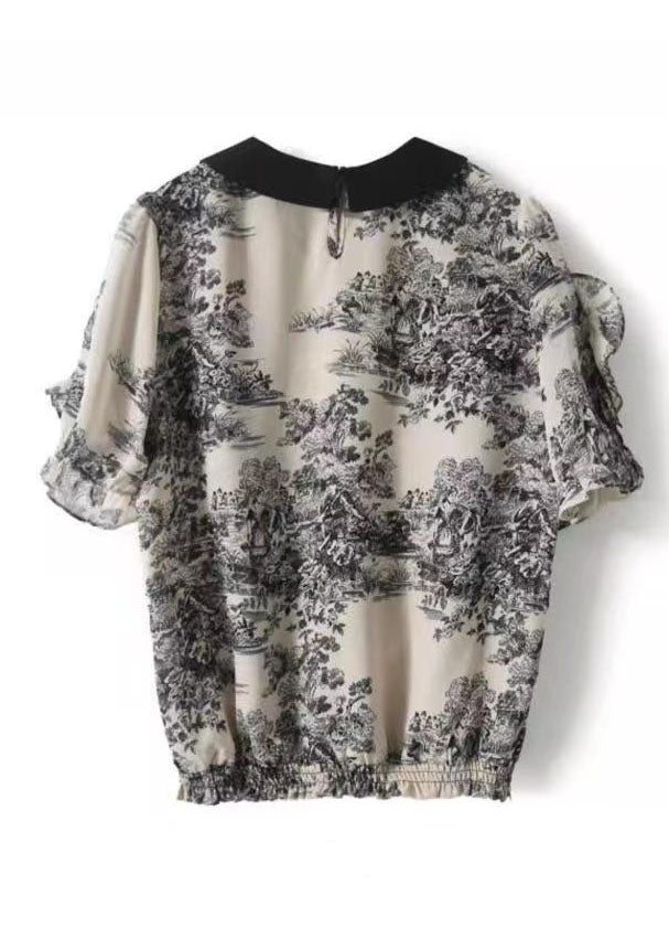 Black Peter Pan Collar Print Patchwork Chiffon Shirt Summer